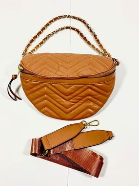 Tan brown quilted Fanny pack/crossbody shoulder bag gold-tone chain hardware